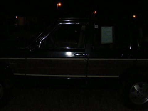 Dark SUV with wood paneling and a sticker on the rear passenger window