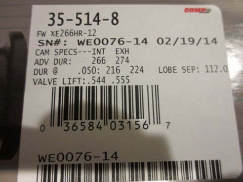 1996 Ford Bronco - This label displays part number 35-514-8 and cam specifications, including duration and lift.