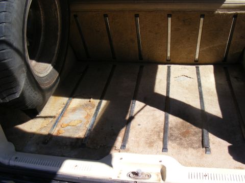 Spare tire in the cargo area of a vehicle. The floor has some rust and is carpeted with tie-down strips