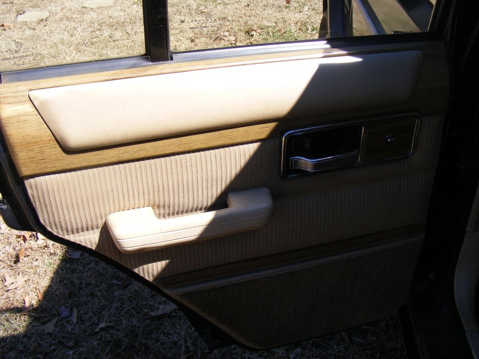 Interior door panel with tan fabric, wood trim, and chrome door handle