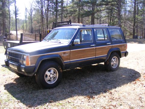 Wood-paneled Jeep Grand Wagoneer parked on grassy area with trees in background