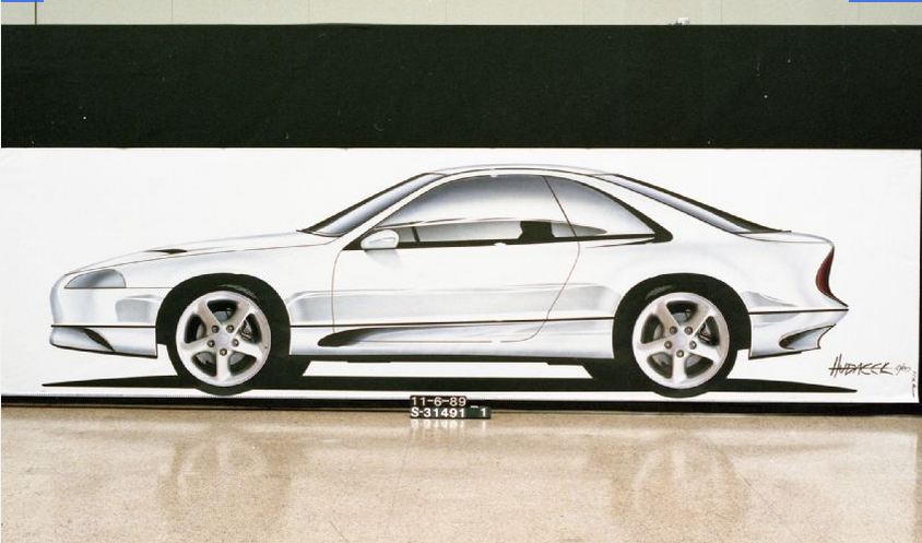 Hand-rendered styling illustration of a white sport coupe in profile