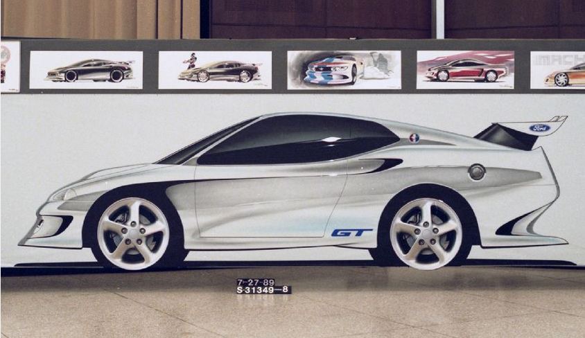 Concept drawing of a silver Ford GT sports car with a rear spoiler and GT badging