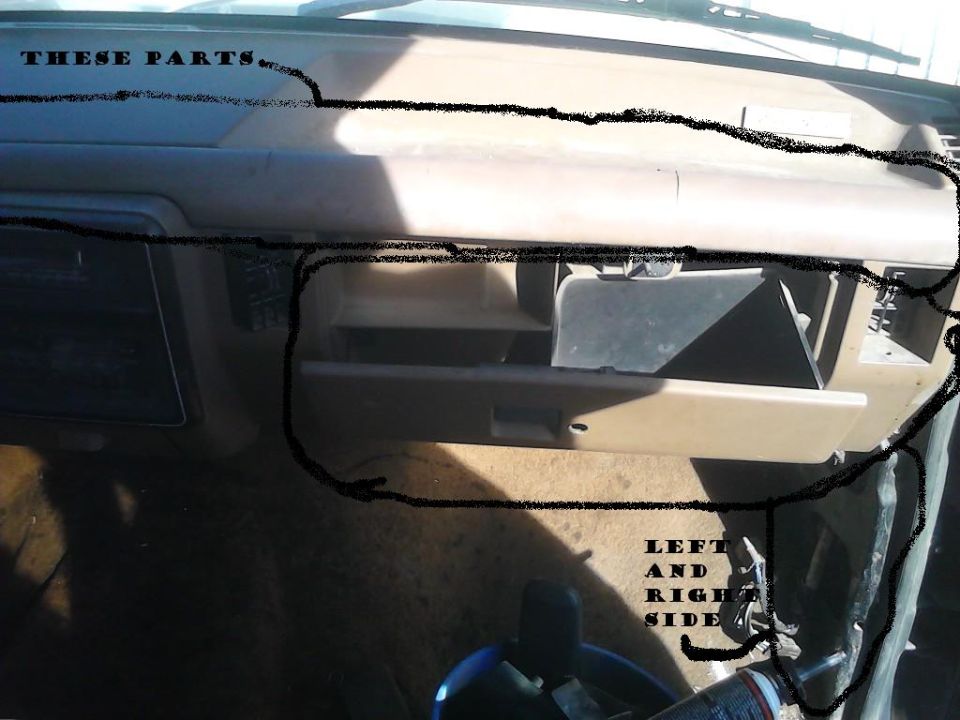 Interior shot of a vehicle's dashboard with glove box open. Black lines highlight areas and text reads 'THESE PARTS.' and 'LEFT AND RIGHT SIDE.'