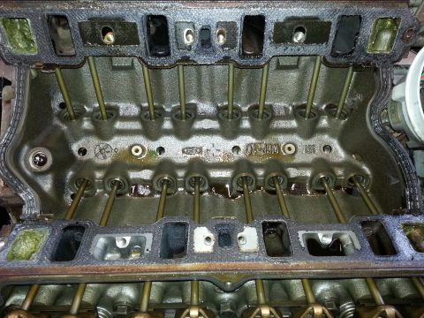 1989 Ford F-150 - The internal components of an engine's cylinder heads are shown, with pushrods extending through the valve train.