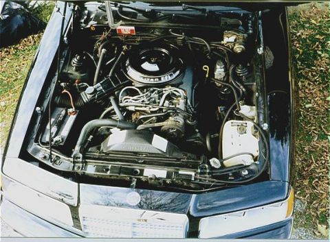 1985 Mercury Cougar - The engine bay of a car is shown, with the hood open.