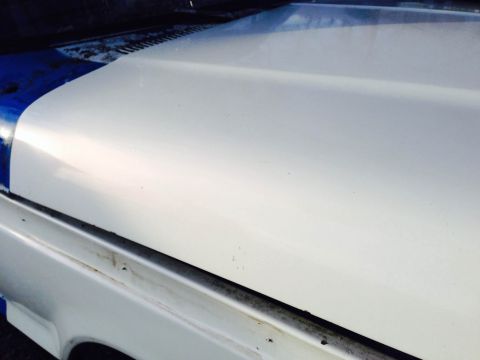 1979 Ford Bronco - Close-up of a vehicle's hood, revealing a white finish with a blue stripe and signs of age.