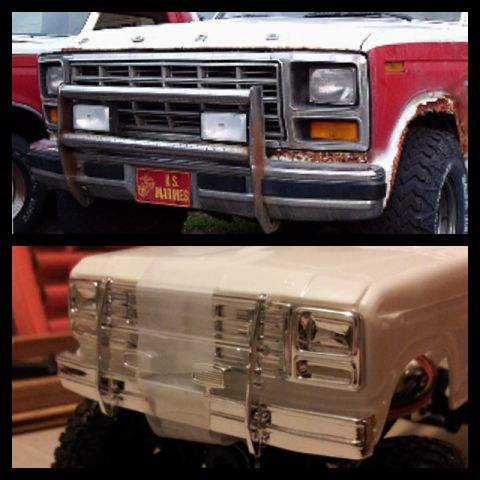 1995 Ford Bronco - Two Ford truck front ends are shown, one a rusty red and white vehicle, the other a white model.
