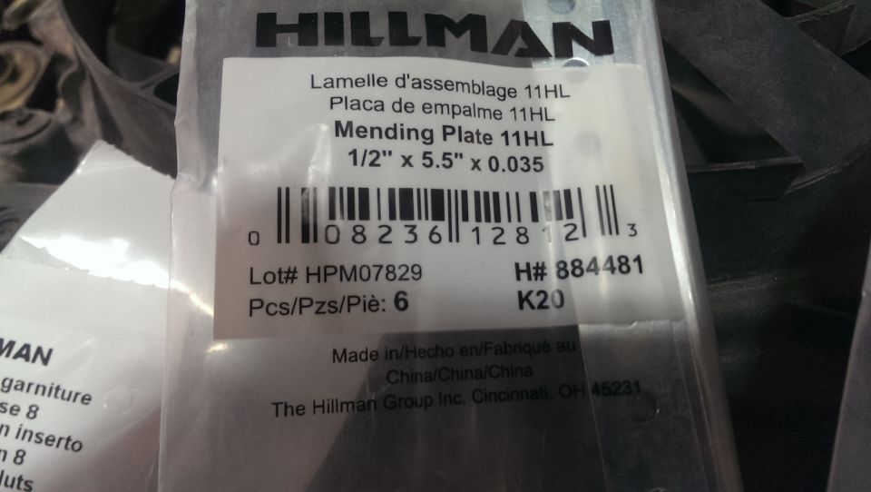 Package of Hillman Mending Plate 11HL, 1/2" x 5.5" x 0.035. Lot# HPM07829, Pcs/Pzs/Pié: 6. Made in China