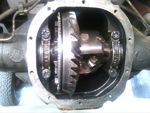 1992 Ford Bronco - Close-up view of a vehicle's differential, showing the gears and housing. Text is visible on the bearing caps.