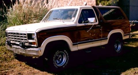 1980 Ford Bronco - This two-tone Ford Bronco features wood grain paneling on its doors and rear quarter panels.