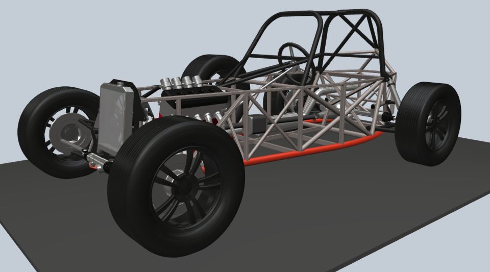 Dragster chassis with V8 engine, radiator, and wheels. No body panels visible