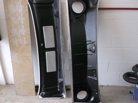 1967 Ford Mustang - Lower cowl panel was shot with bedliner coating on top & bottom before it was welded in. Top panel was only shot on the bottom.