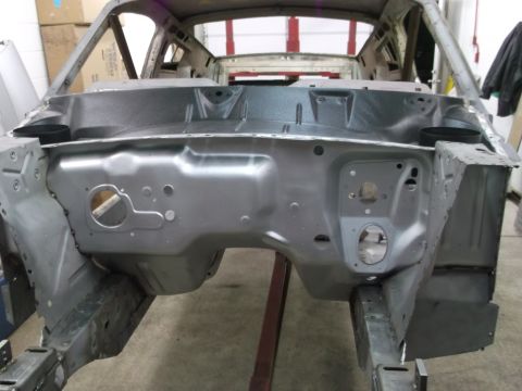 1967 Ford Mustang - The front end of a 1967 Ford Mustang chassis is shown, stripped down for restoration.