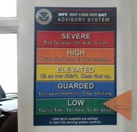 1994 Ford Bronco - Poster titled 'Wife May Lose Her Sh*t Advisory System' with color-coded threat levels.