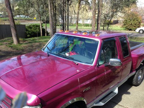 1992 Ford F-150 - A magenta 1992 Ford F-150 pickup truck is parked outdoors with trees in the background.