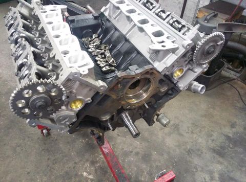 2004 Ford Crown Victoria - Engine block assembly with timing gears and cylinder heads visible, on an engine stand.