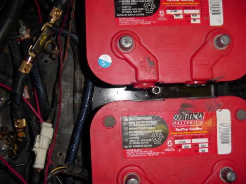 1995 Ford Bronco - Close-up of two Optima RedTop batteries and their associated wiring.