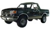 Dark green lifted two-door Ford truck, 3/4 front view on white background