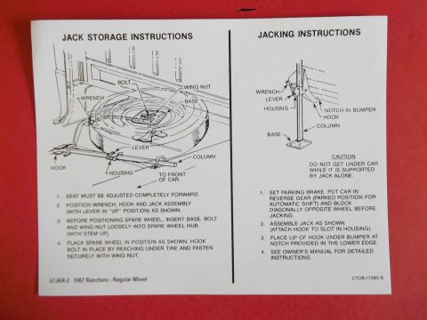 1973 Ford Ranchero - Document shows jack storage and jacking instructions for a 1967 Ranchero with a regular wheel.
