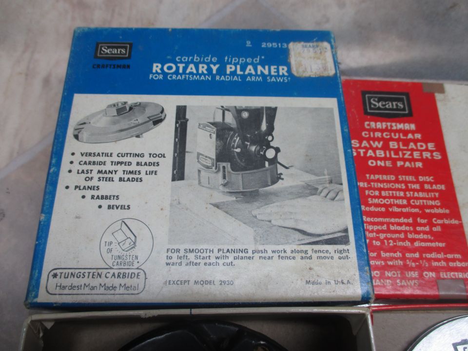 Photo of Sears Craftsman rotary planer and saw blade stabilizer product boxes