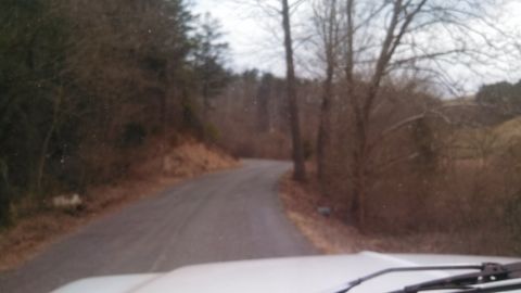 1979 Ford Bronco - View from inside a vehicle driving on a rural, winding road surrounded by bare trees.