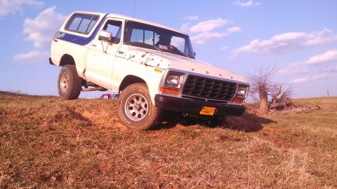 1979 Ford Bronco - This 1979 Ford Bronco is captured in a three-quarter front view while parked on a grassy incline under a partly cloudy sky.
