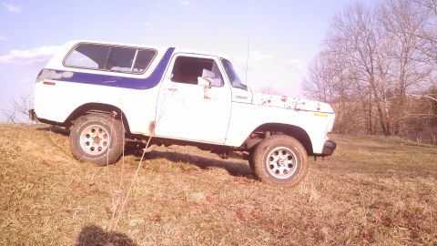 1979 Ford Bronco - A white and blue Ford Bronco is parked on a grassy incline under a bright sky.