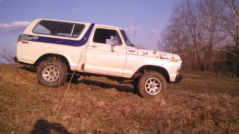 1979 Ford Bronco - This 1979 Ford Bronco is seen from a three-quarter front view, parked on a grassy hill under a clear sky.