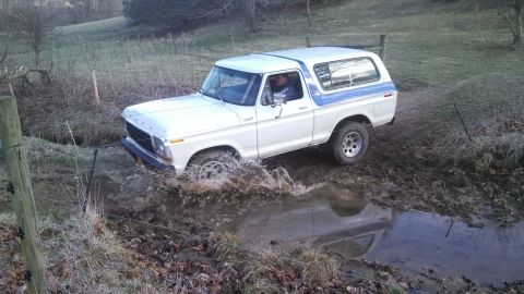 1979 Ford Bronco - This Ford Bronco is navigating a water crossing on a dirt path.