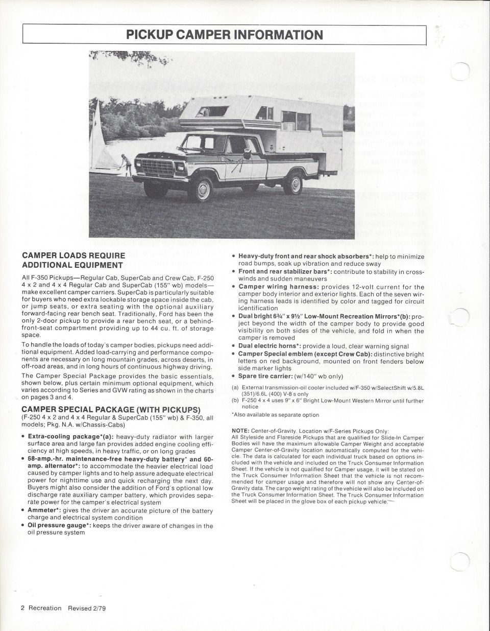 Ford pickup camper information brochure: F-350 and F-250 camper carrier equipment and Camper Special package