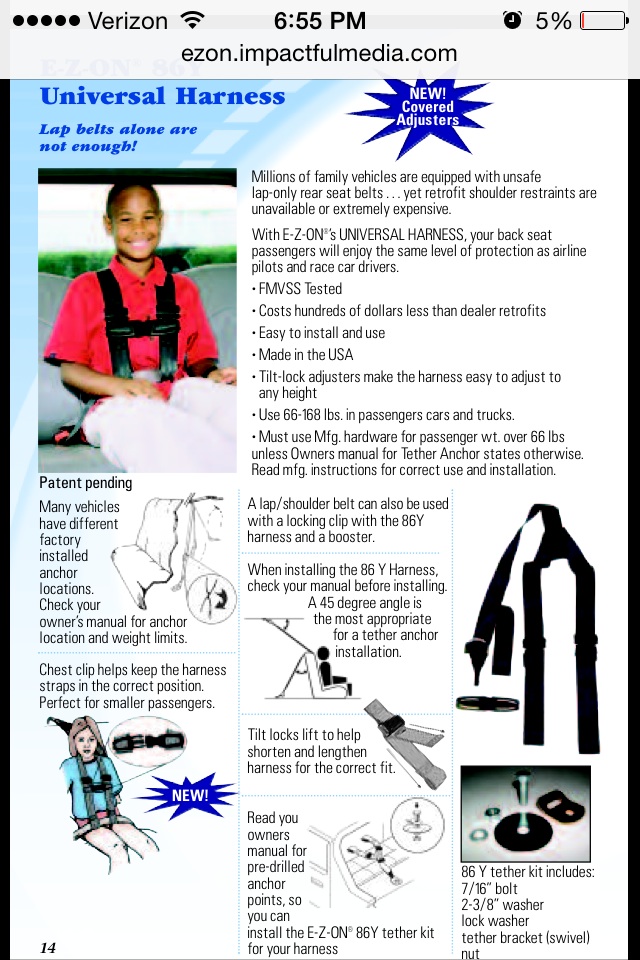 E-Z-ON Universal Harness product literature: FMVSS-tested rear seat shoulder harness, 66-168 lb
