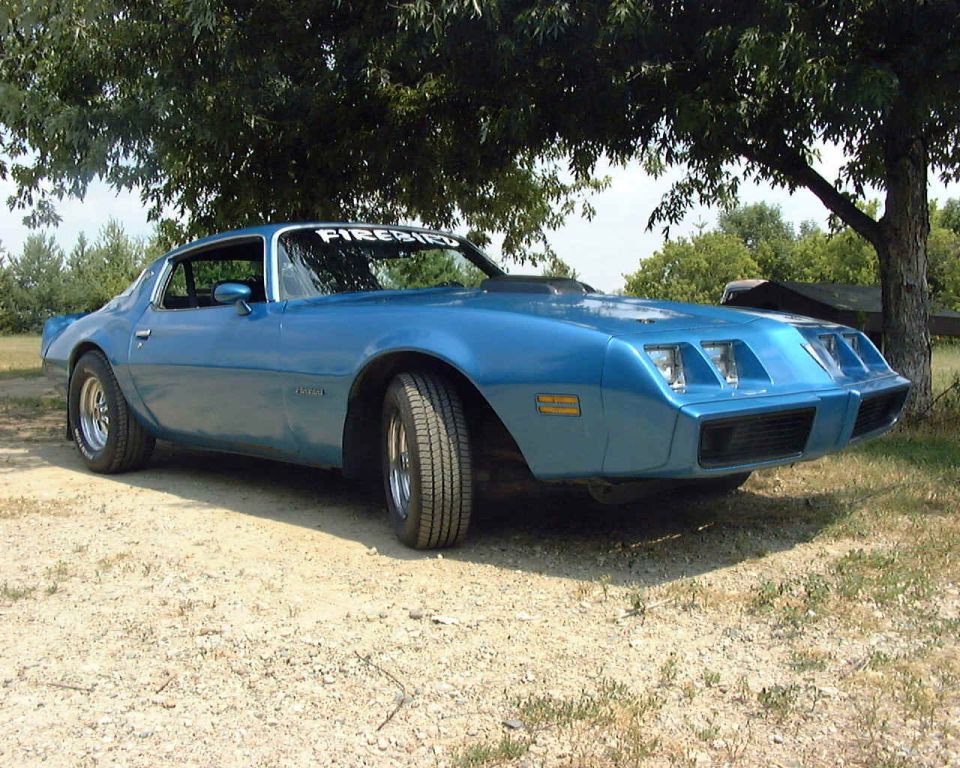 Blue Firebird coupe, 3/4 front view, parked on gravel under a tree