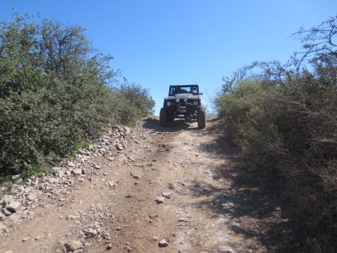 1989 Ford Bronco - A dark-colored off-road vehicle navigates a steep, rocky trail under a clear blue sky.