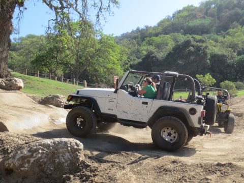 1989 Ford Bronco - Two Jeeps navigate a challenging dirt trail in a wooded, hilly area.