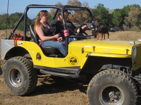 1989 Ford Bronco - A yellow Jeep with a roll cage carries two people and a small dog on its hood, parked on a dirt lot.