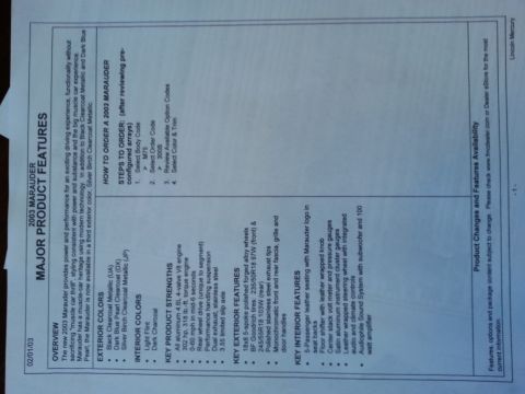 2003 Mercury Marauder - Document detailing the major product features of the 2003 Mercury Marauder, including exterior and interior colors, key strengths, and feat…