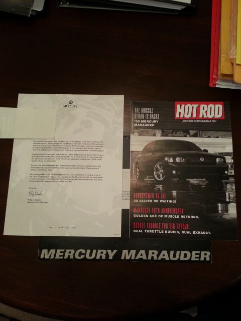 2003 Mercury Marauder - Promotional materials for the 2003 Mercury Marauder, including a Hot Rod magazine cover and a Mercury letter.
