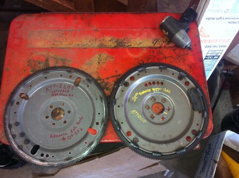 1982 Ford Bronco - Two transmission flexplates are shown, with handwritten labels indicating part numbers and vehicle compatibility.