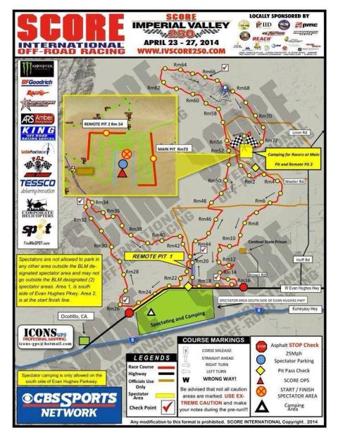 1968 Ford Mustang - Promotional Imperial Valley 250 off-road race course map poster showing the route, pits, and sponsors.