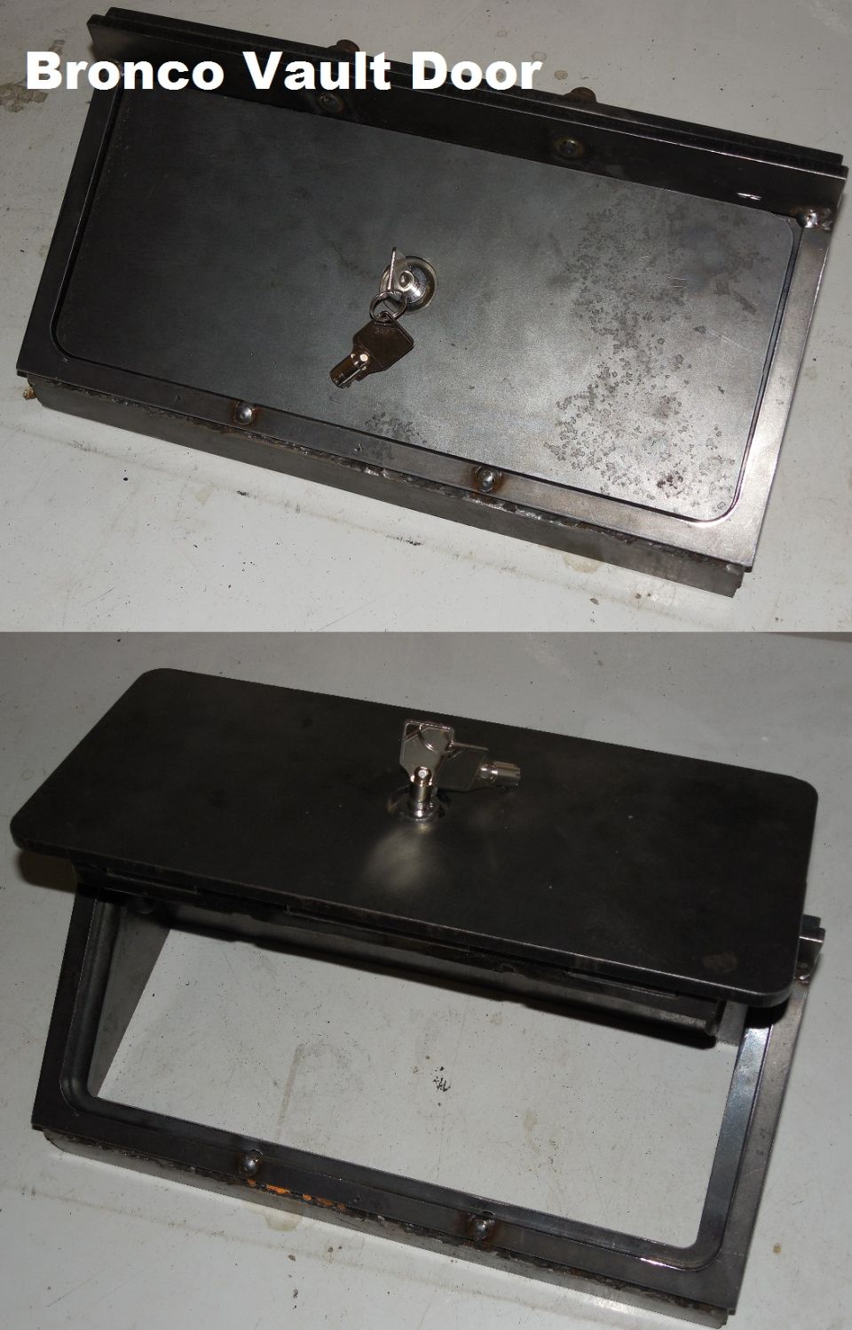 Custom welded steel vault door with keyed lock, shown closed and open