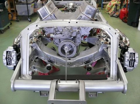1976 Chevrolet Corvette chassis, front view, engine and suspension visible