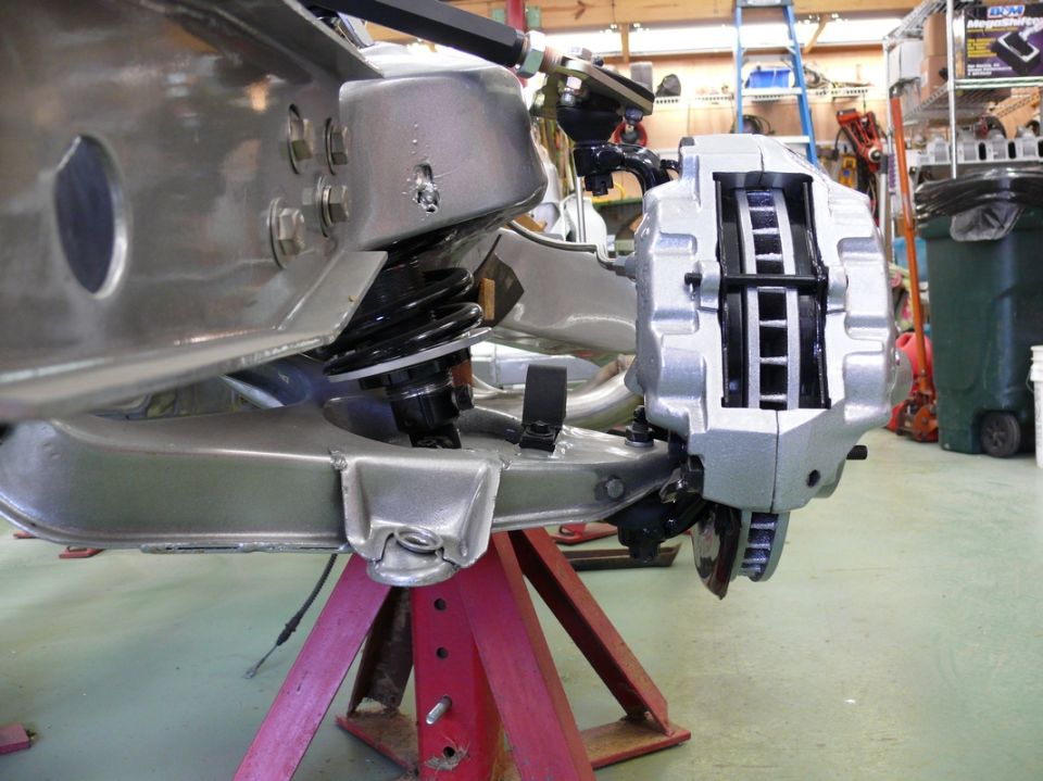 Front suspension and brake caliper on jack stands