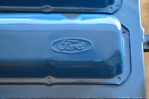 1981 Ford F-250 - Blue Ford valve covers with embossed logo, likely for an engine rebuild.