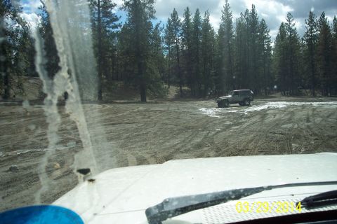 1990 Ford Bronco - An SUV navigates a dirt track surrounded by pine trees under a cloudy sky.