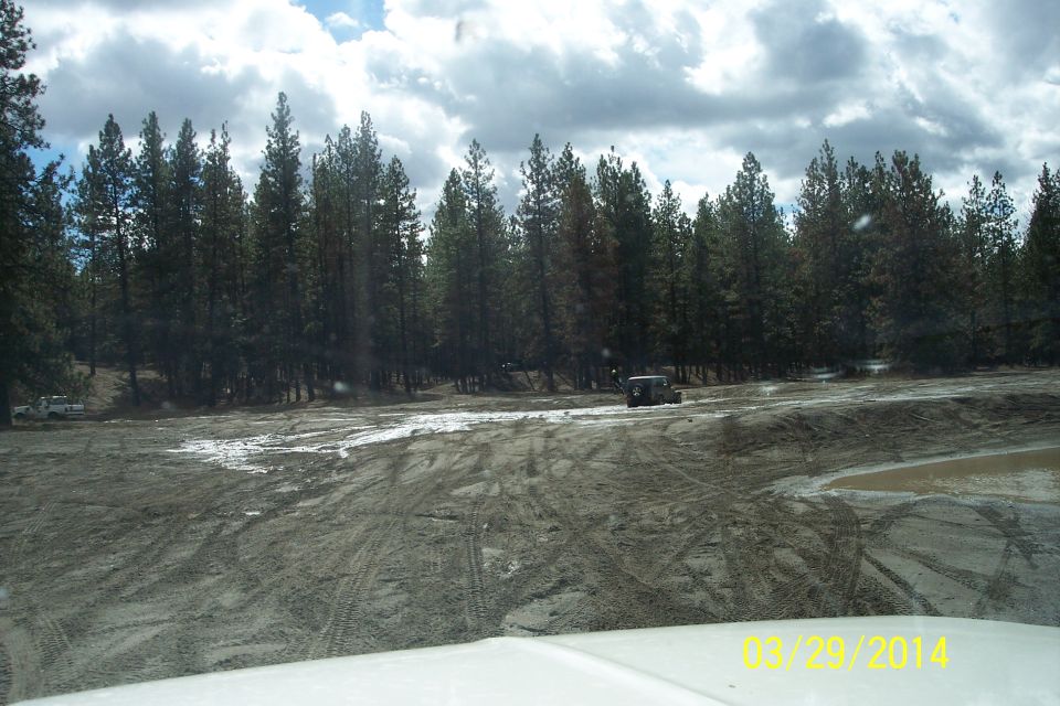SUV driving on a muddy, tire-tracked dirt road with pine trees in the background