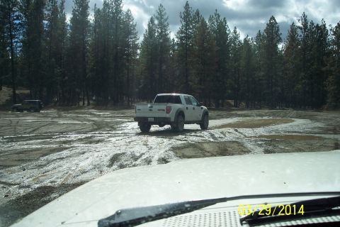 1990 Ford Bronco - A white pickup truck navigates a muddy, wooded area, with another vehicle visible in the background.