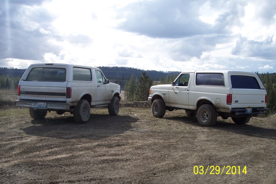 Two white Ford Broncos parked on a dirt road, one facing rearward, the other 3/4 front. The Bronco on the right appears to be a 1992 model