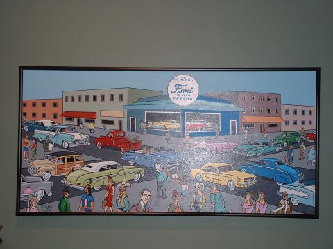 1999 Ford Crown Victoria - Painting depicts a Ford dealership scene with numerous vintage cars and pedestrians.