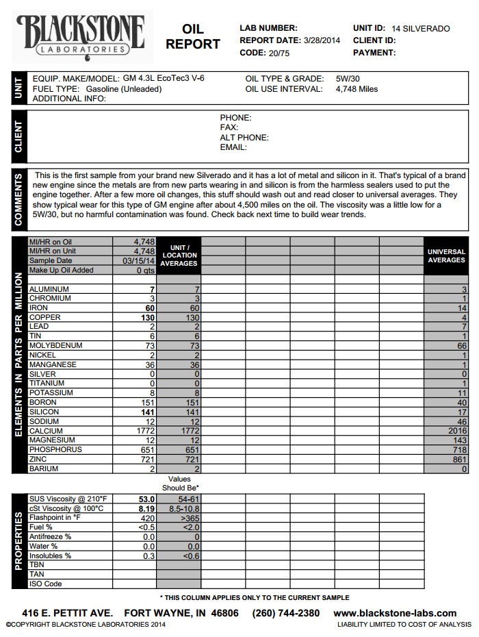 Oil report document with sections for unit, client, comments, elements, and properties